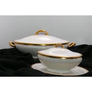 Vintage White Porcelain Covered Serving Bowls with Gold Trim
